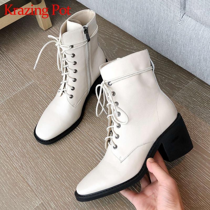 

Krazing pot classic colors genuine leather round toe high heel cross-tied European style mature lady daily wear ankle boots L261, Beige