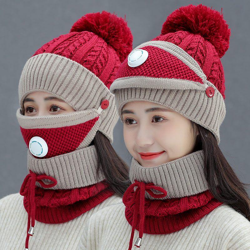 

New Windproof Beanies Hat Women Warm Knit Hats Scarf Sets Female Winter Padded Mask Neck Protector 3 PC Set Cycling Wool Caps, Black