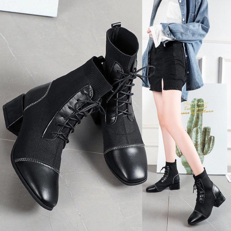 

Women's Boots Autumn Lace Up Female Shoes Luxury Designer Med Ladies Rubber Ankle Rock Fashion Lace-Up Solid Basic Cross-tied