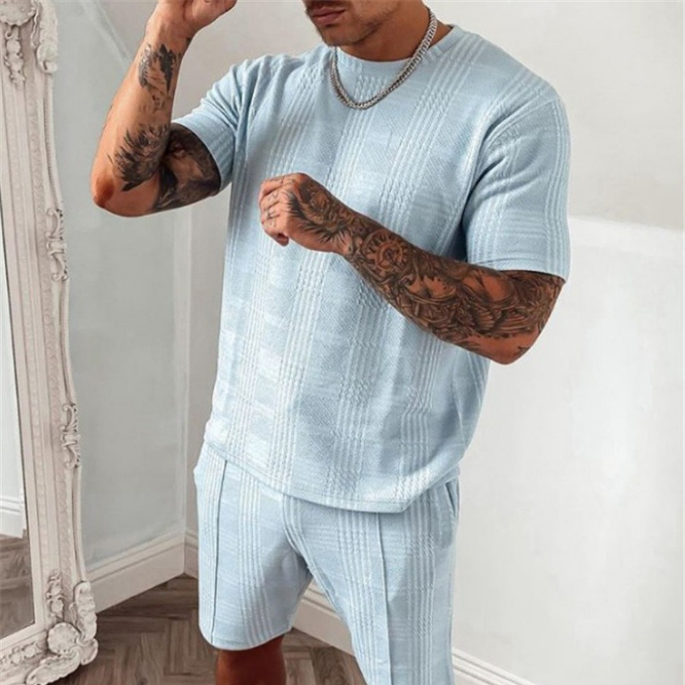 

2021 New Summer Clothes Short Sleeve Shirt and Shorts 2 Pcs Set Men Cotton Fabric Tracksuit Slim XQ6W, Blue