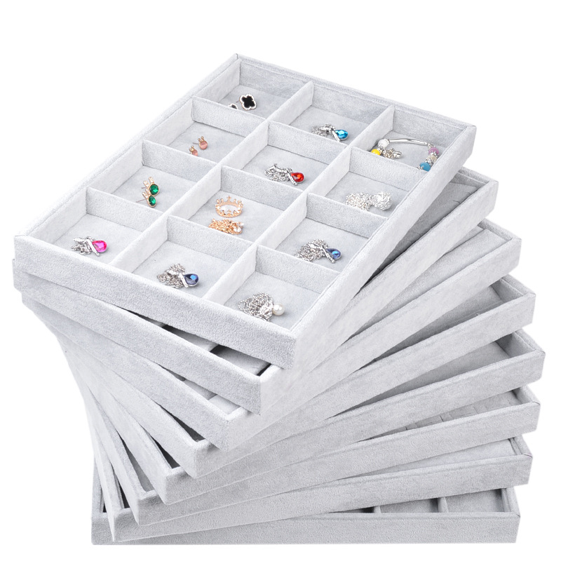 Wholesale Velvet Jewelry Display Tray Silver Grey Ice Tray for Earring Ring Bracelet Necklace Display Tray Storage Organizer-image-632952667