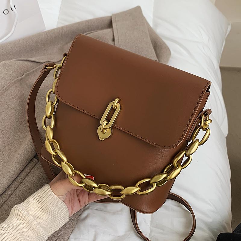 

Vintage Chain Designer Simple Solid Color PU Leather Bucket Crossbody Bag for Women 2021 Luxury Shoulder Handbags Brand, Black