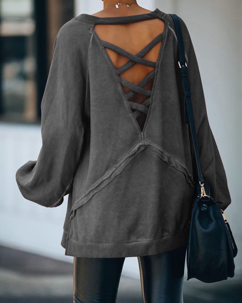 

2020 Women Autumn Spring Fashion Round Neck Hoodie Solid Hollow Out Backless Plain Long Sleeve Casual Sweatshirt, Purple