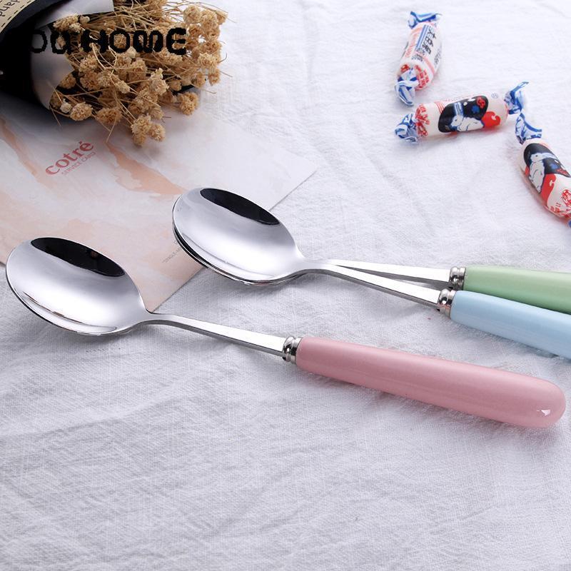 

2 Pcs/Set Hot Sale Dinner Cutlery Spoon Western Kitchen Dinnerware ceramic long handle Stainless Steel Household Hotel Tableware1