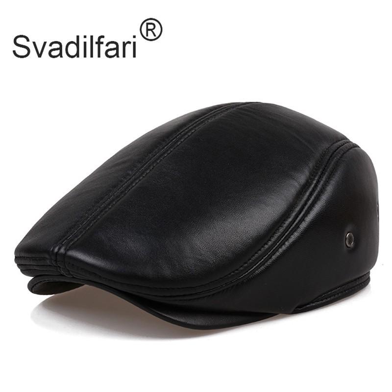 

Berets Svadilfari Men's Leather Baseball Cap Brand Style Sheep Beret Sboy Belt Hunting Gatsby Black Caps Hats For Women