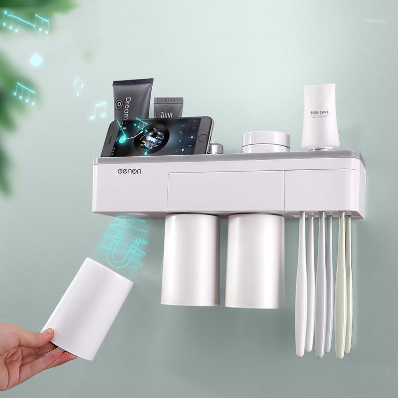 

Magnetic Adsorption Toothbrush Holder Toothpaste Dispenser Wall Mounted Storage Box Multifunction Bathroom Accessories Set1