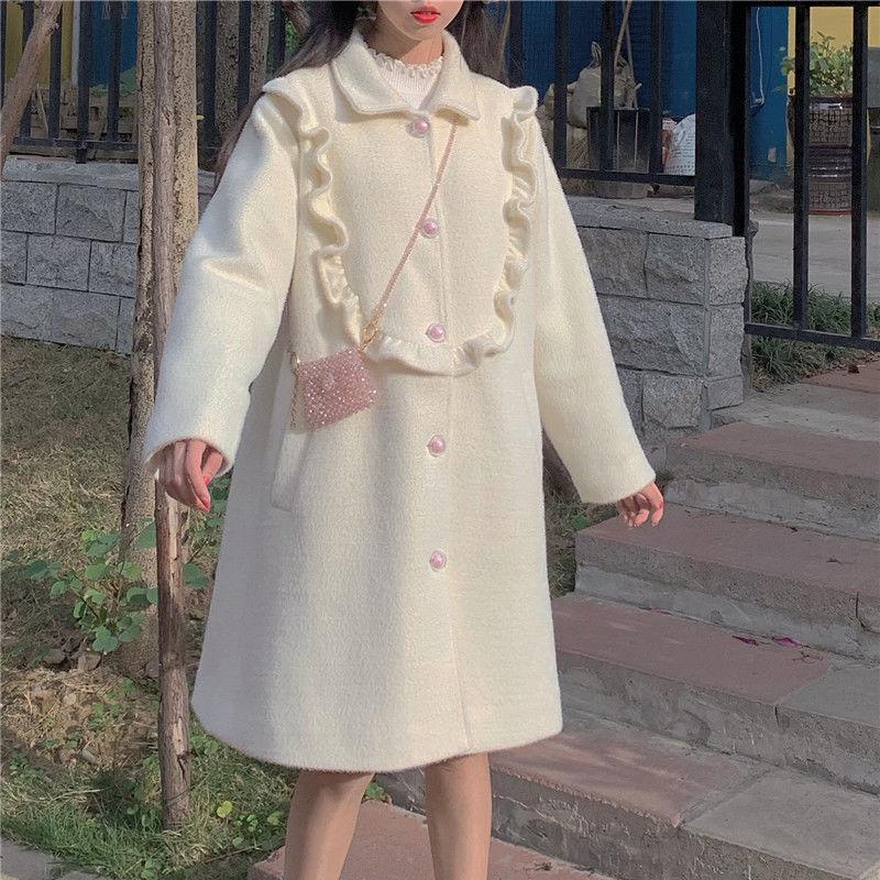 

White Wool Winter Coat Women Warm Sweet Loose Trench Coat Female Button Patchwork Korean Japanese Kawaii Chic Thick 2020, White coat