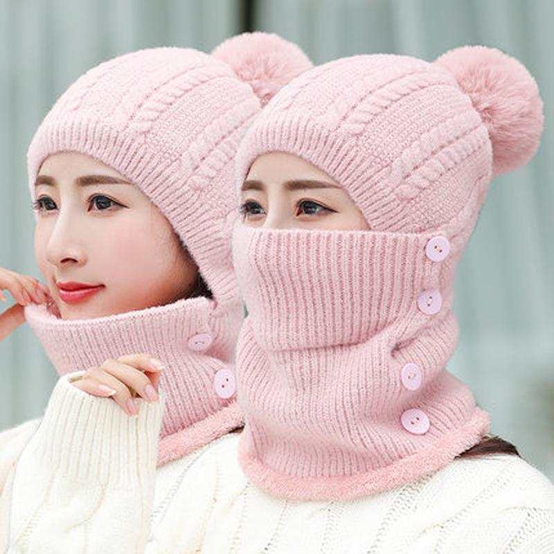 

Winter Beanies Women Scarf Wool Knitted Hat Caps Mask Lady Warm Riding Windproof Winter Hats For Women Skullies Beanies Hats, Black