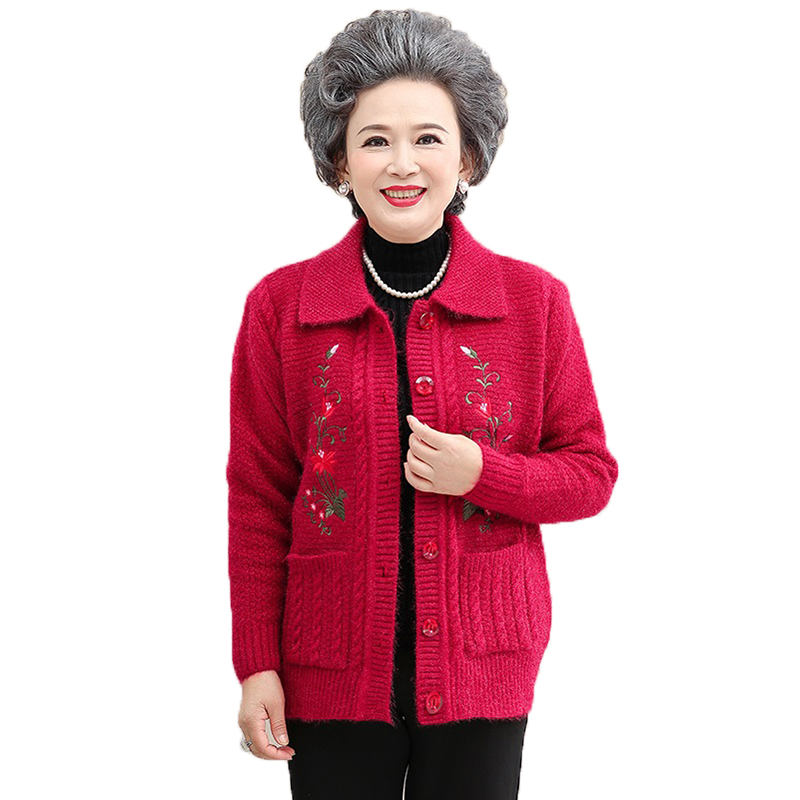 

2021 Old Autumn Female Winter Mother Carrying Women's Sweater Add Cashmere Thicken Cardigan Mesh Button T9tt, Red color1