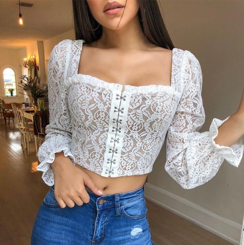 

2021 Sexy Ladies and Summer Tops with White Lace Women' Blouse Transparent Sleeve Long P2217 Shirt Ojey