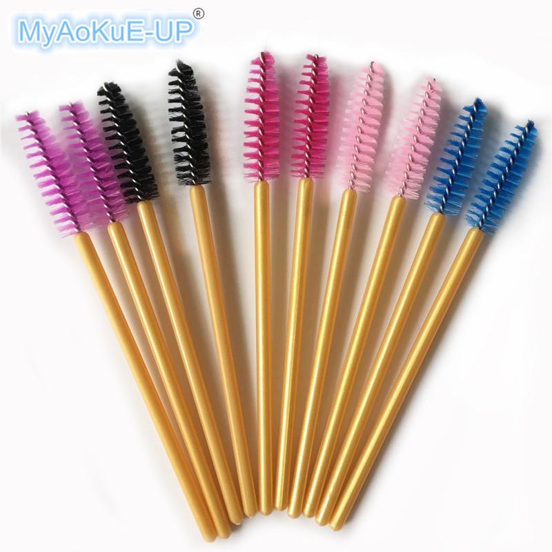 

High Quality Golden Handle Mix Colors Disposable Eyelash Brushes Nylon Mascara Wands Tools 200pcs/lot Makeup Brushes