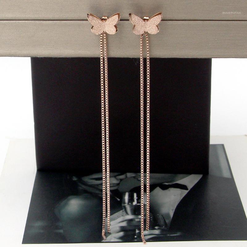 

Fashion new beautiful rose golden frosted butterfly hanging box chain tassel earrings wild titanium steel women earrings1