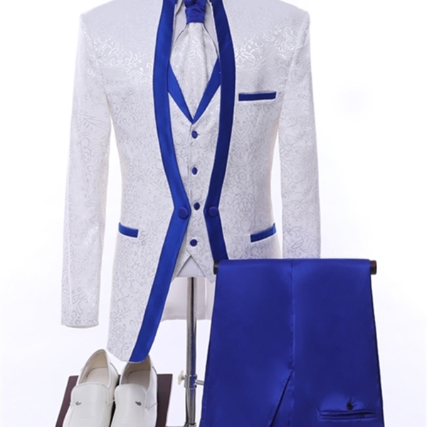 

White Royal Blue Rim Stage Clothing For Men Suit Set Mens Wedding Suits Costume Groom Tuxedo Formal (Jacket+pants+vest+tie) C1007, Only vest