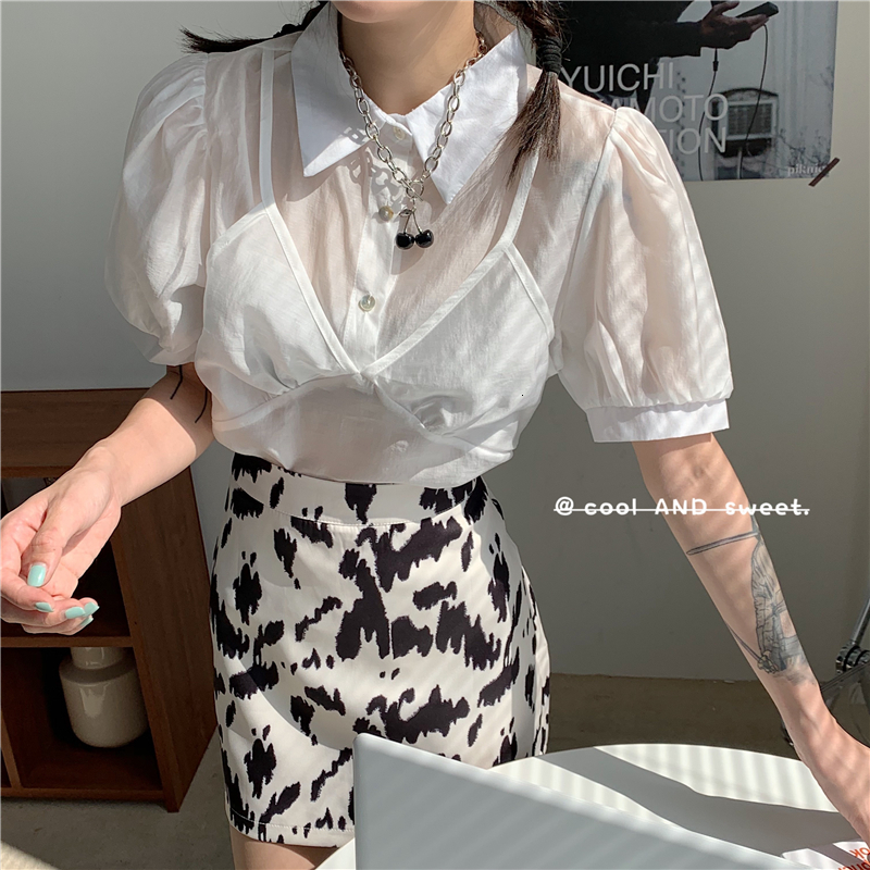 

2021 New 2-color female womens tops summer Korean style two puff pieces short women's blouses (j1230) OTWJ, White