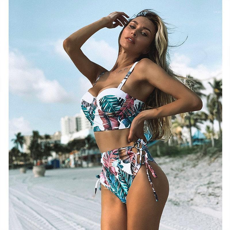 

High Waist Swimwear 2020 New Leaf Print Bikinis Women Swimsuit Vintage Retro Bathing Suit Halter Biquini Maillot de bain femme1