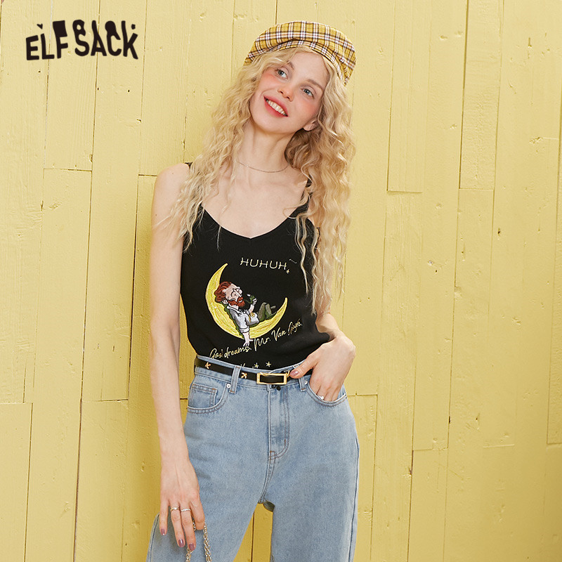 

ELFSACK Black Van Gogh Embroidery Strappy Knit Sling Casual Women Tank 2020 Spring New Sleeveless Sexy Ladies V Neck Camis Tops Y200701