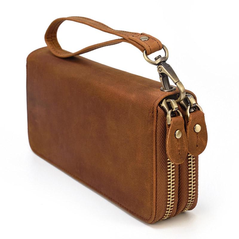 

Vintage Men Double Zipper Wallet Long Genuine Leather Clutch Purse Male Handy Phone Pouch Bag Business Wristlet Money Clucth Bag, Brown