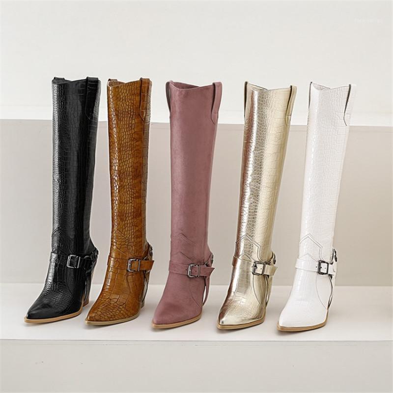 

PXELENA 2020 Winter New Women Western Cowboy Knee High Boots Chunky Block Heels Rivet Buckle Millitary Combat Punk Gothic Shoes1, Gold