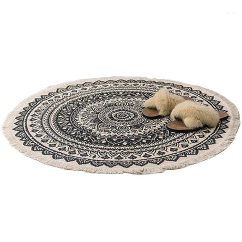 

Morocco Round Carpet Bedroom Boho Style Tassel Cotton Rug Hand Woven National Classic Tapestry Sofa Cushion Tatami Floor Mats-Bl1, Black