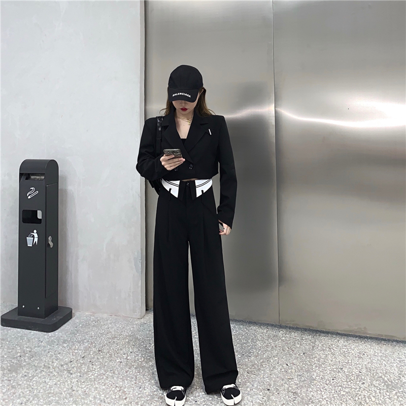 

2021 New Matching Sets in the Female Solid Turtleneck Carved Long Sleeve Cut Blazers Shredded Pants Wide Leg Spring Suits ZGWL, Black