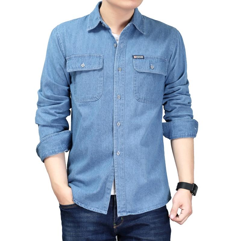 

Cowboy Shirt Men 2021 Spring Denim Blouse Men Long Sleeve Plus Size Solid Blue Cotton Work Casual Shirts for Dress Shirt, Dark blue