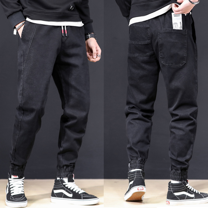 

2021 New Japanese Vintage Fashion Black Color Elastic Denim Cargo Homme Streetwear Stretch Hip Hop Jeans Men Jogger Pants 89y4