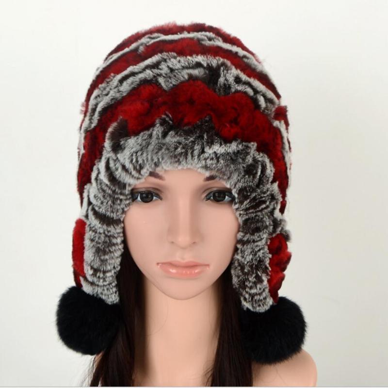 

Russian Women Real Genuine Rex Fur Hats For Lady Knit Fashion Winter Warm 100% Fur Caps with Earflap H82, White
