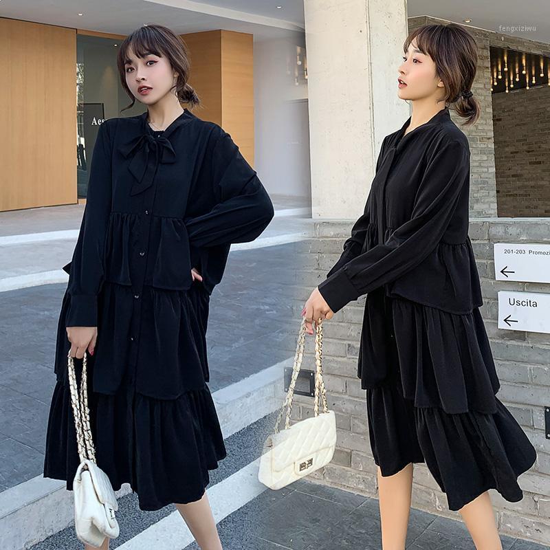 

Spring Loose Long-sleeved Maternity Dress Plus Size Ruffles Patchwork Buttons Breastfeeding Dress Pregnancy Nursing Dresses1, Black