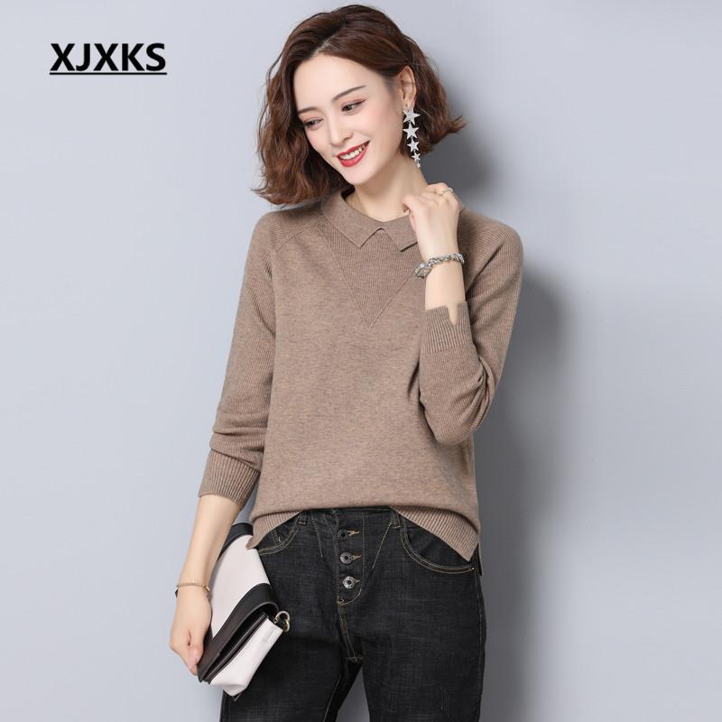 

XJXKS 2020 autumn winter new women cashmere knitted sweater fashion lapel comfortable casual sweater women pullover, Black