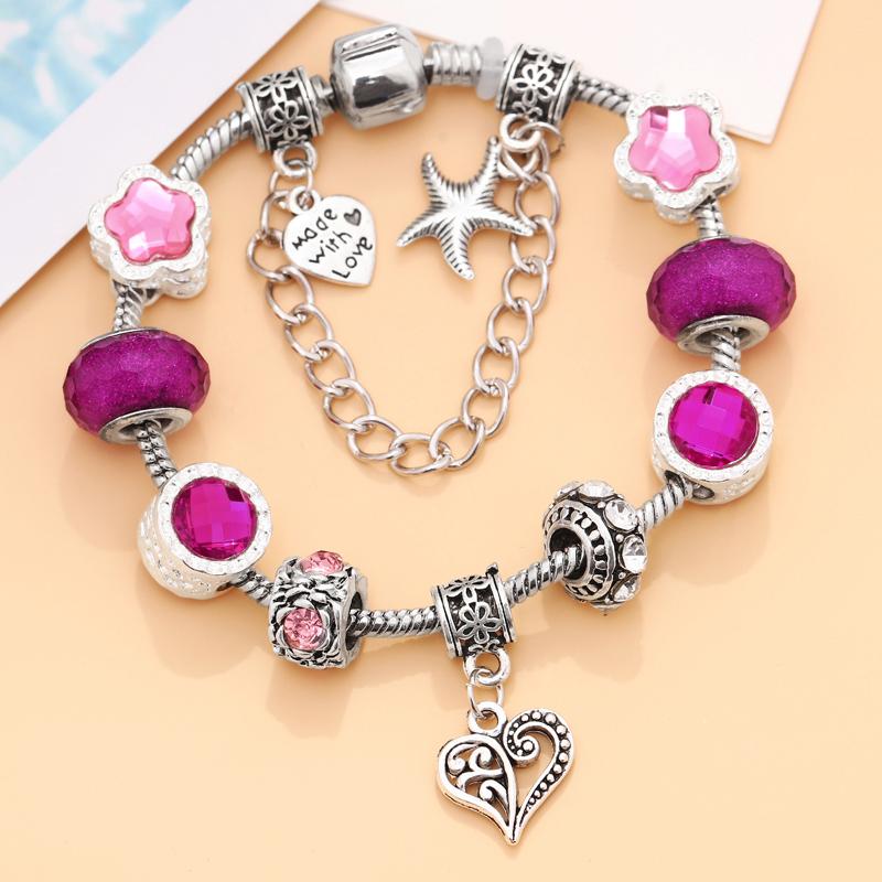 

Colorful Crystal Charm Silver Bracelets & Bangles for Women Heart Murano Beads Bracelets Women DIY Femme Jewelry