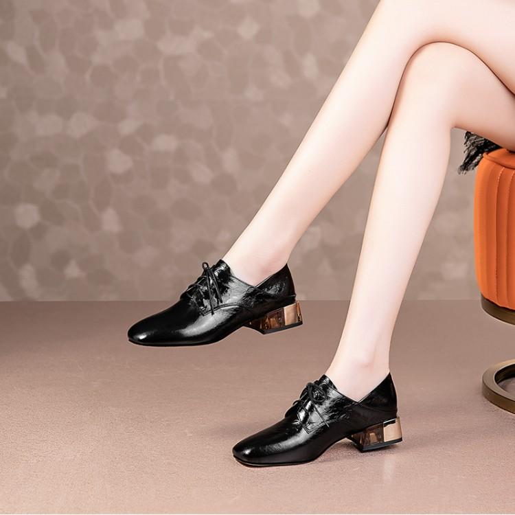 

MLJUESE 2021 Women Pumps Soft Cow leather Autumn Spring Silver Color Square toe Lace Up high heels pumps Size 40, Black