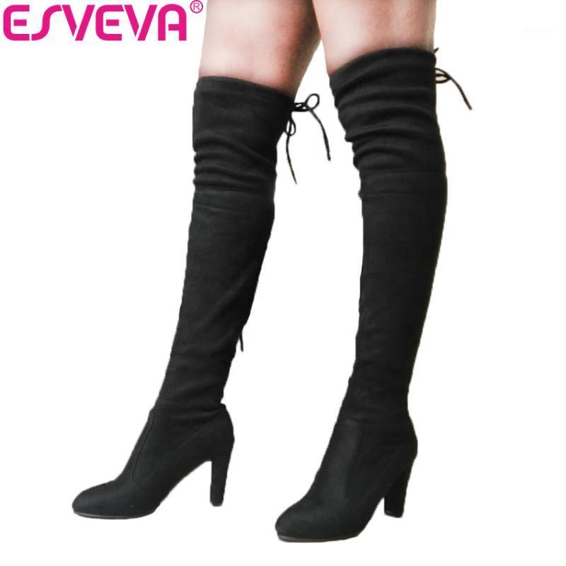 

ESVEVA 2020 Women Boots Flock Over The Knee Boots Western Style Women Shoes High Heels Round Toe Sexy Long Size 34-431, Black