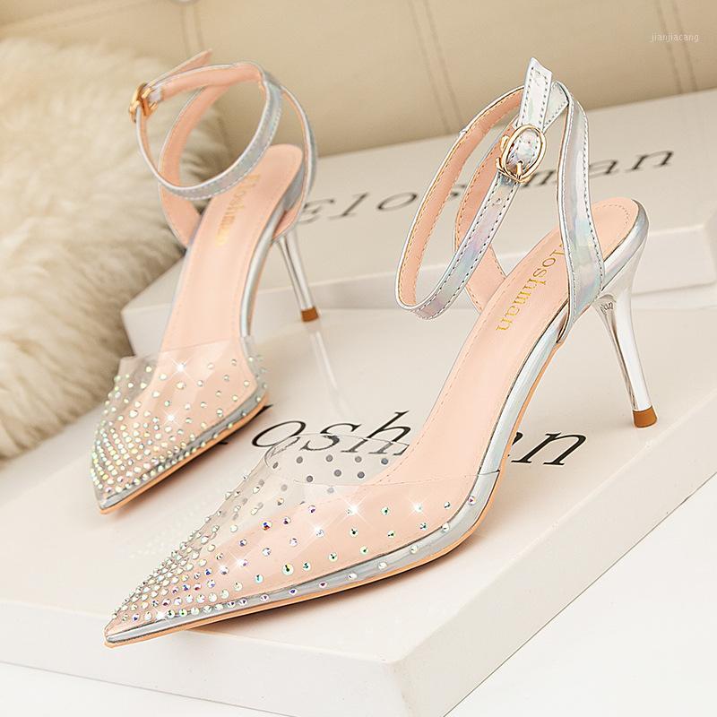 

Summer Women High Heels Sandals Transparent Rhinestone Stiletto Jelly Pumps Clear Pointed Toe Ankle Strap Ladies Wedding Shoes1, Black