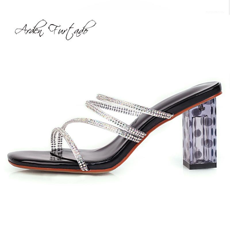 

Arden Furtado 2020 Summer Fashion Women's Shoes Sexy Elegant Crystal Rhinestone Chunky Heels narrow band Slippers Sandals slides1, Black