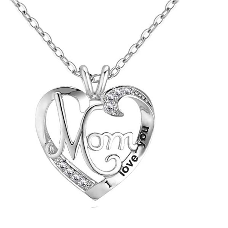 

S925 Solid Silver Plated Pendant Necklace Women I Love You MOM Heart Crystal Necklace for Mother's Day Gift Christmas Jewelry