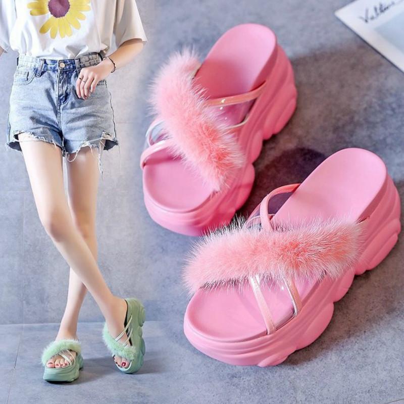 

2021 Women's Shoes Summer New Solid Fashion Women Maomao Outdoor Thick Bottom Shallow Wedges Shoes High Heels Slippers, Black