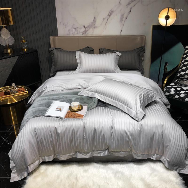 

Luxury Satin Stripe Duvet Cover Set Pillowcases 4 Piece 100% Egyptian Cotton Bedding Sets Silver Grey Home Hotel Bed Linen King1