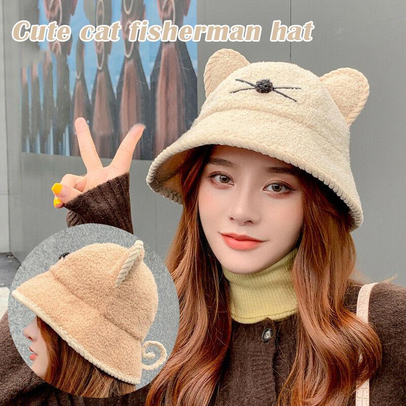 

New Cute Winter Hats For Girls Ladies Women Plush Winter Bucket Hat With Cute Cat Ears Accessories Soft Warm Hats 2020, Black