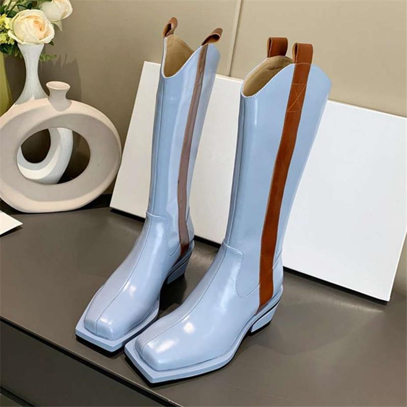 

Blue Square Toe Women Knee High Boots Genuine Leather Chunky Heel Platform Riding Boot Back Zipper Autumn Women's High Boots, Black