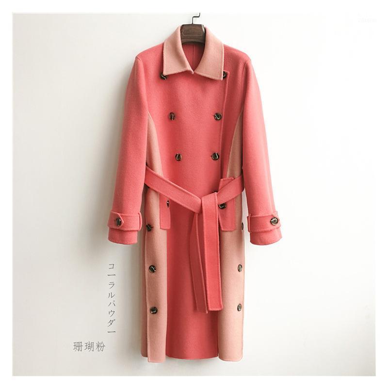 

Winter Fashion Plus Size Warm Woolen Jacket 2020 Korean Double-sided Stitching Contrast Color Belt Long Wool Coat Women1, Beige