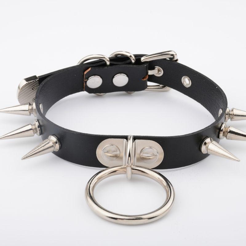 

Handmade Punk Gothic Real Leather Spiked Choker Bondage Slave Collar Drop O-Round Pendant Necklace for Women Girls