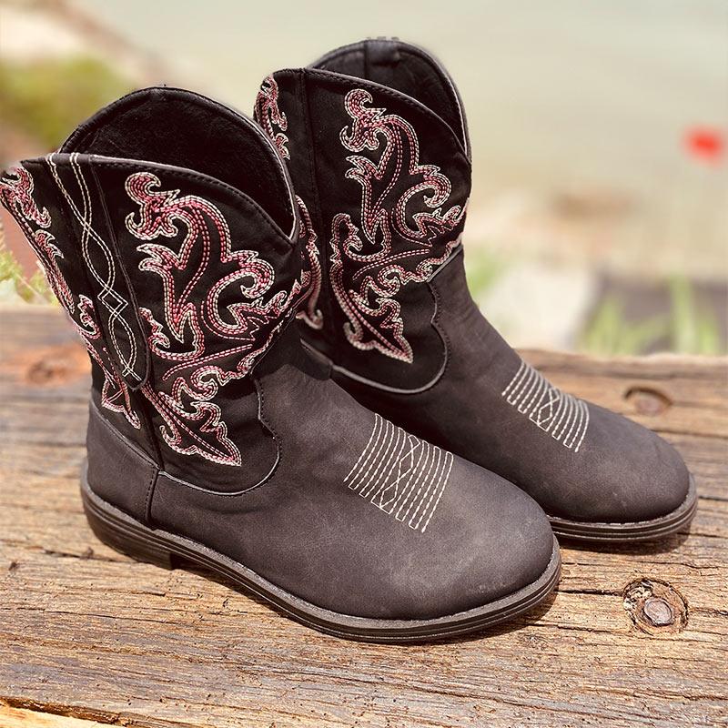 

Women Mid-Claf Boots Embroidery PU Slip-On Winter Women's Boots Low Heel Vintage Ladies Shoes Female Plus Size 2020 New Hot Sale, Black