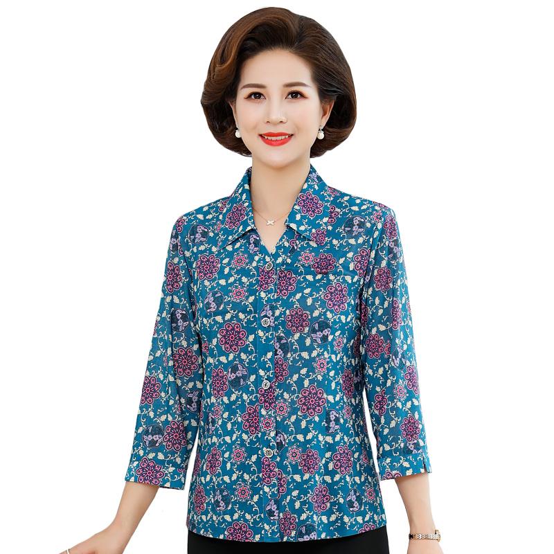

Middle-aged Womens Shirts Summer Casual Three Quarter Printing Womens Tops and Blouses Vintage Milk Silk Plus Size Women Blouses