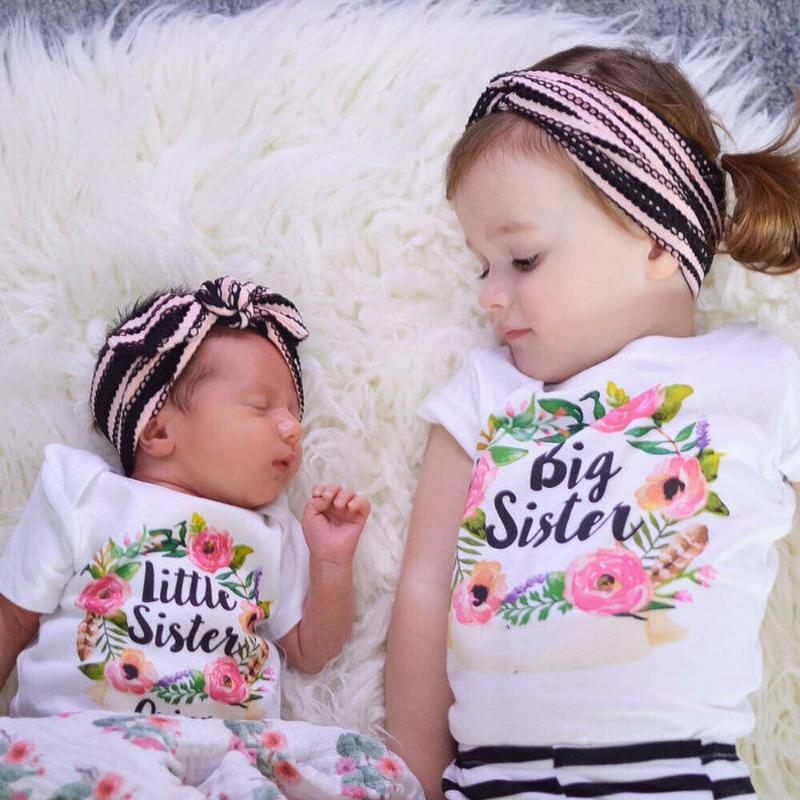 

0-7Y Big & Little Sister Matching Tops Baby Girl Floral Letter Short Sleeve Bodysuit Kids T-shirt Tee Summer Cotton Clothes, As pic
