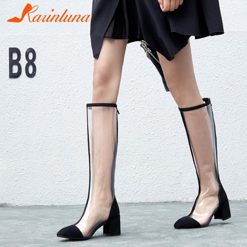 

New Fashion High Quality Shoes Female On Sale Knee High Boots Chunky Heels Zip Up Pathcwork Waterproof Women Boots1, Black suede