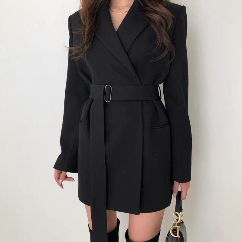 

2020 Autumn New Korean Casual Temperament Suit Jacket Retro Solid Color Lace-up Pocket Straight Type Mature Wild Blazers, Black