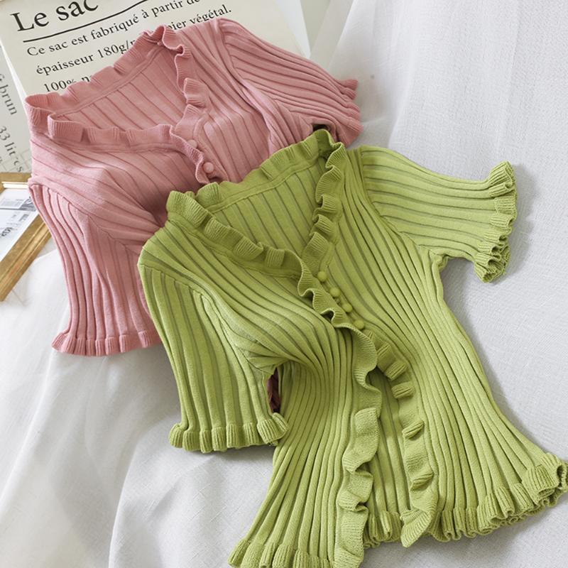 

Autumn Sweet Short Sleeve Sweater V-neck Button Knitted Shirts Women Fashion Casual Solid Color High Elasticity Cardigan Tops, White