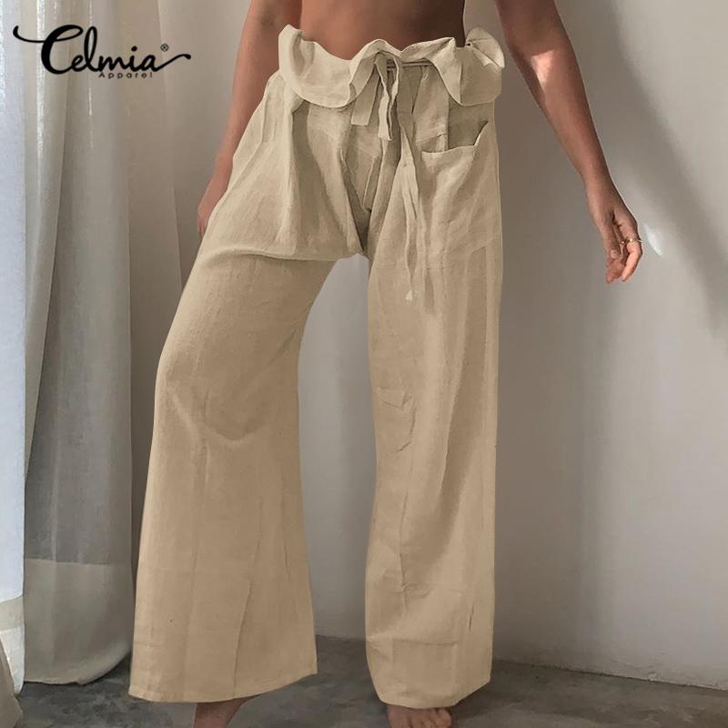 

Trousers Women Celmia Vintage Linen Cotton High Waist Long Pants Fashion Causal Loose Pantalon Femme Female Palazzo Belted Pant, Beige