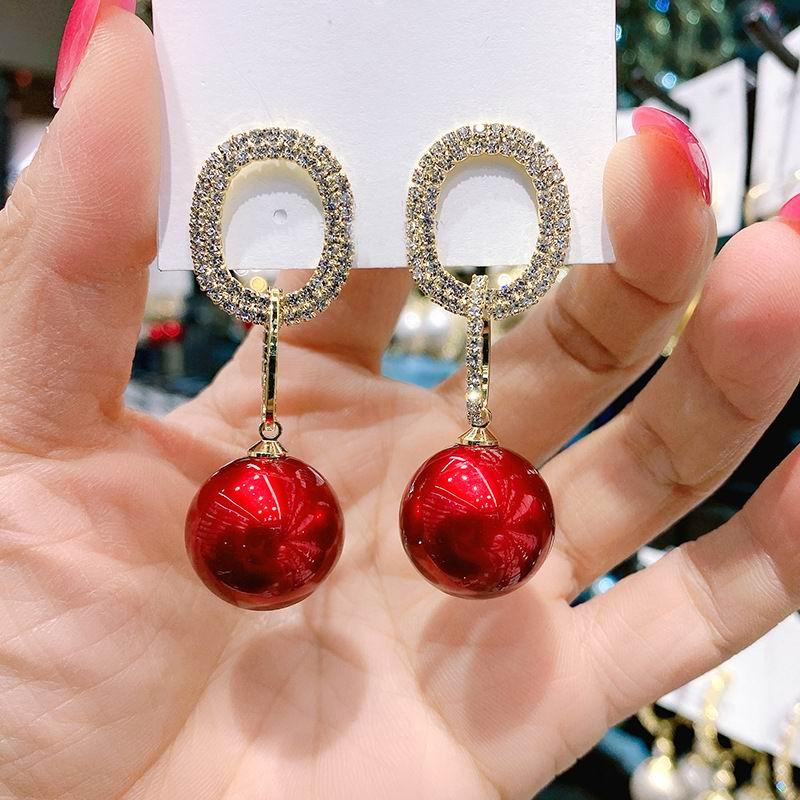 

Statement Red Pearl Ball Drop Earrings For Women 2021 New Earings Jewelry Red Champagne Color Grey