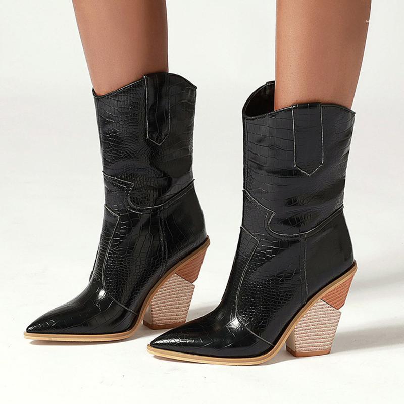 

2021 Luxury Vintage Boots Women Western Pointed Toe Boots Wedges High Heels Lady Chunky Stripper Crocodile Burgundy Shoes#G71, White